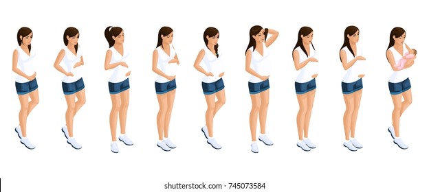 Isometry of a pregnant girl at different periods of pregnancy, a woman is holding a stomach, a newborn baby. Emotion happy girl great advertising concept.