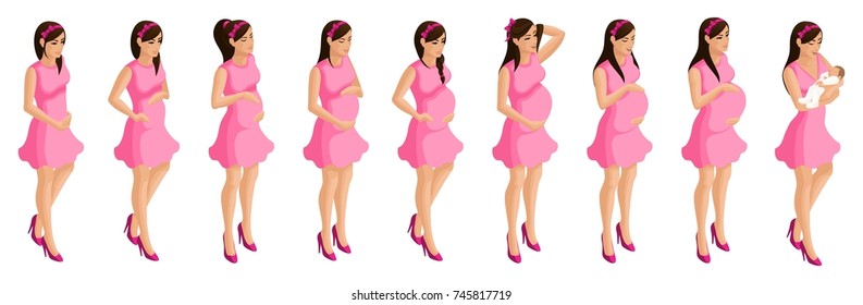 Isometry of a pregnant girl, stages and timing of pregnancy. Birth of a child, mother and child, happy family
