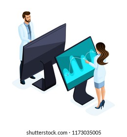 Isometry of a private clinic worker uses modern technology, set 1, virtual screen, large tablet, modern data storage, for doctors, surgeons, nurses.