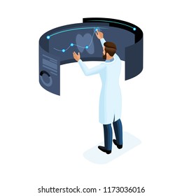 Isometry of a private clinic worker uses modern technology, set 10, virtual screen, large tablet, modern data storage, for doctors, surgeons, nurses.