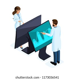 Isometry of a private clinic worker uses modern technology, set 8, virtual screen, large tablet, modern data storage, for doctors, surgeons, nurses.