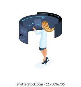 Isometry of a private clinic worker uses modern technology, set 3, virtual screen, large tablet, modern data storage, for doctors, surgeons, nurses.