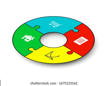 Isometry round puzzle presentation. Abstract isometric 4 pieces puzzle circle infographic