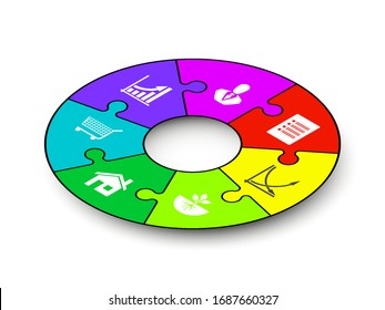 Isometry round puzzle presentation. Abstract isometric 7 pieces puzzle circle infographic