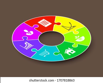 Isometry round puzzle presentation. Abstract isometric 7 pieces puzzle circle infographic