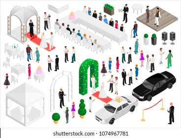 Isometry scheme of a wedding party. Vector graphics. A set of elements and people.