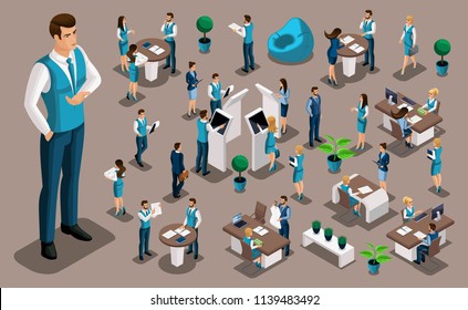 Isometry set, bank icons with bank employees, men bank employee, customer service manager. Financial structure, banking business