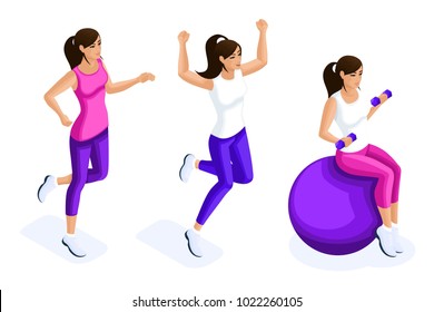 Isometry set of beautiful female athletes, using tools for fitness, healthy lifestyle, yoga, gymnastics, running, jumping.