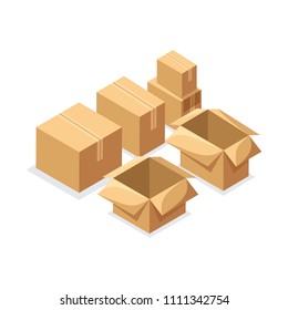 Isometry A set of cardboard boxes of various shapes, closed and open boxes. Set for use in delivery and warehouse concepts