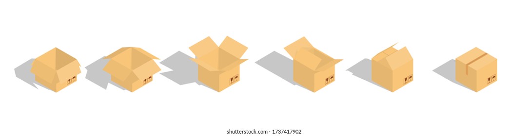 Isometry. Set of closed and open cardboard boxes on white background with fragile signs.  Transportation, shipping. Cardboard box mockup. Vector illustration. 