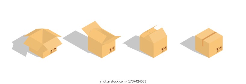 Isometry. Set of closed and open cardboard boxes on white background with fragile signs.  Transportation, shipping. Cardboard box mockup. Vector illustration. 