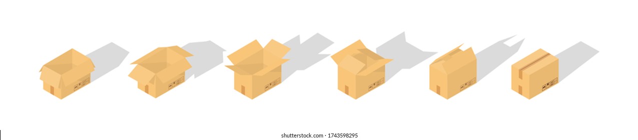 Isometry. Set of closed and open cardboard boxes on white background with fragile signs.  Transportation, shipping. Cardboard box mockup. Vector illustration. 