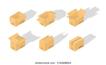 Isometry. Set of closed and open cardboard boxes on white background with fragile signs.  Transportation, shipping. Cardboard box mockup. Vector illustration. 