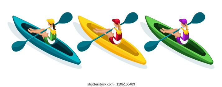 Isometry set of girls in canoe, kayaks, sports clothing, baseball caps, accessories, backpacks, outdoor activities