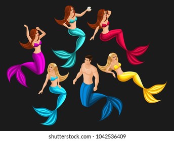 Isometry set of mermaids in different poses for use in graphic games, beautiful girls, seductresses, on a dark background