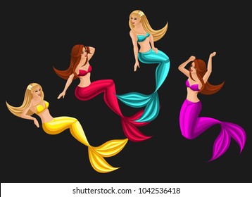 Isometry set of mermaids in different poses for use in graphic games, beautiful girls