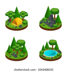 Isometry set of mini islands with interesting landscapes, forest, lake, glade in the forest, rocky mountains, tent