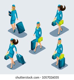 Isometry set of stewardess girls in beautiful strict suits, uniforms, suitcases, gods, bags, front view and rear view. Airport employees escort