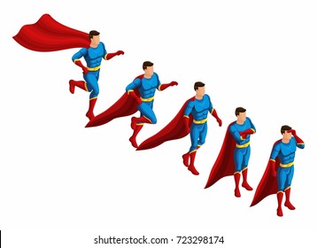 Isometry is a set of superheroes, 3D set of movements of supermen in a suit Runs, hurries, goes looking for.