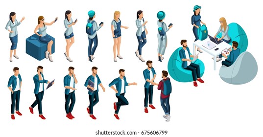 Isometry is a set of vector people, 3d characters of a man and a woman in summer jeans clothes, fashionable backpacks. Front view rear view. Summer vector