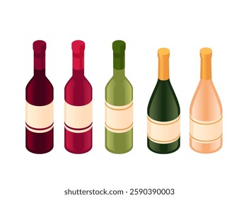 Isometry set of wine and champagne drink bottles. Green, red and white bottle colors. Various alcohol collection. Grocery store icons. Vector illustration isolated on white background.