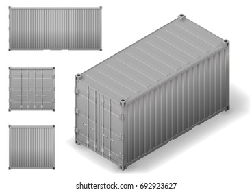 Isometry of a silver cargo transport sea container. Drawing in vector graphics with facades.