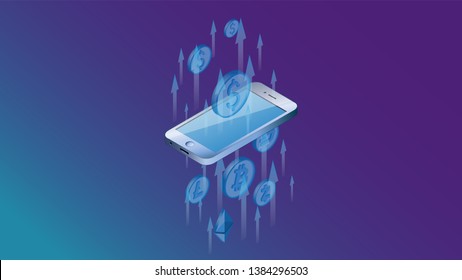 Isometry. A smartphone through which cash flows pass. A concept of using a smartphone to convert cryptocurrency into regular curre 
