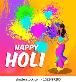 Isometry spring festival, beautiful indian woman casts a colored prosy, bright beautiful background with an lettering happy holi