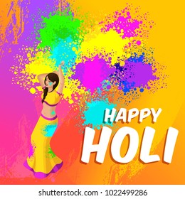 Isometry spring festival, festival of colors, beautiful indian woman casts a colored prosy, bright beautiful background with an lettering happy holi