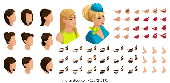 Isometry of the stewardess girl with a set of emotions for the creation of her character. A large set of lips, hair, eyes, nose. Beauty Facial Designer set 1