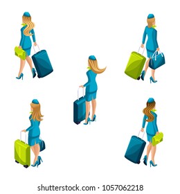 Isometry of the stewardess with luggage goes aboard the ship. Set of flight attendants back view