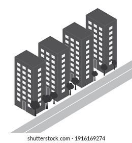 isometry, a street of houses and a road, a painting in gray tones, houses with windows, trees along the road, not complicated architecture, panel houses