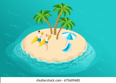 Isometry is a summer illustration with a paradise island for a travel company, a recreation ad with 3D characters, a man and a woman with a surfboard.