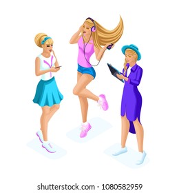 Isometry of teenage girls, generation Z, communicate in social networks are friendly, chatting, sharing secrets through gadgets, phones, tablets.