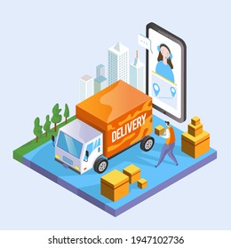 isometry, three-dimensional image, delivery service, the loader guy carries a box of purchases to the truck, the call center operator girl takes orders, the city is visible in the background