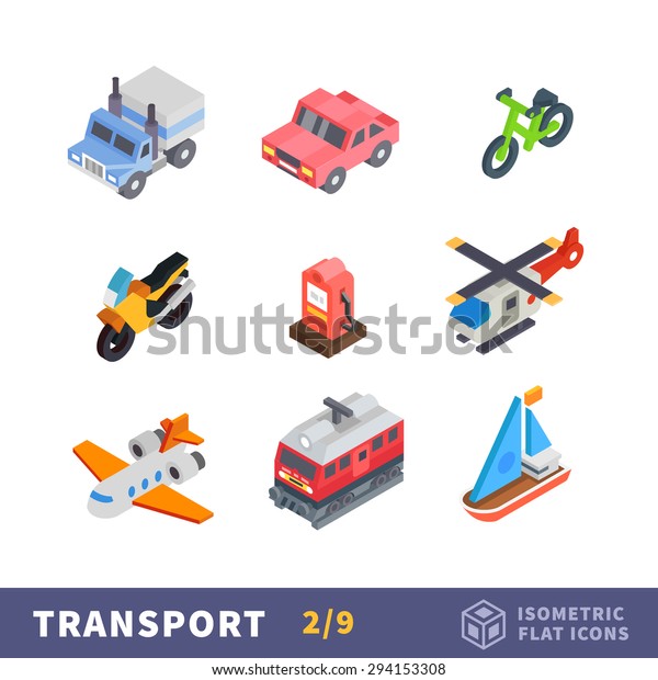 Isometry transport flat icon set. All modes of\
transport for travel and reach the destination. Vector cars, plane\
and ship
