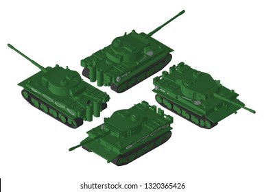 Isometry Vector. Heavy German tank of the second world war. Tiger 1. 3D model, Green color. Image in 4 views.
