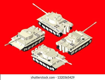 Isometry Vector. Heavy German tank of the second world war. Tiger 1. 3D model, White color. Image in 4 views.