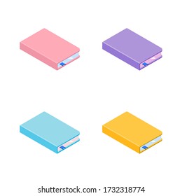 
isometry vector illustration in a flat style book, diary with a blue bookmark on a white isolated background. Pink,purple, blue, yellow.Ideal for books, reading banners, posters, flyers, icons, logos