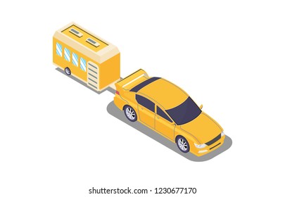 isometry vehicle with camping caravans, vector illustration