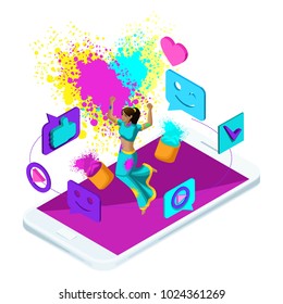 Isometry video broadcast of the Holi holiday in India, blog, video, smileys, like, girl jumping is happy, love, festival of colors