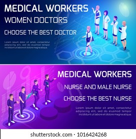 Isometry is a vivid concept of the use of types of medical workers, doctors, surgeons, nurse, colorfully designed advertising banners