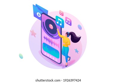 Plantilla de diseño Web Isometry. Girl With Headphones Escucha Música A Través de una aplicación móvil. Ilustración vectorial.