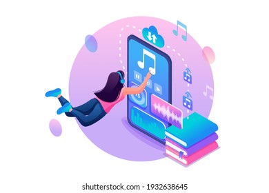Isometry Web Design Template. Girl Listens To an Audiobook on Her Smartphone Through App. Vector Illustration.
