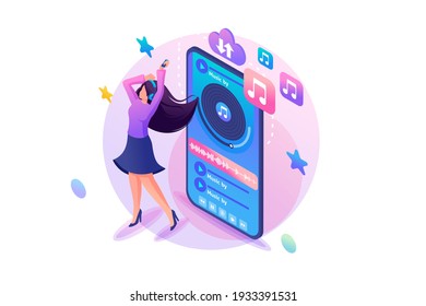 Isometry Web Design Template. Girl With Headphones Enjoy Your Favorite Music Through The Mobile App. Vector Illustration.