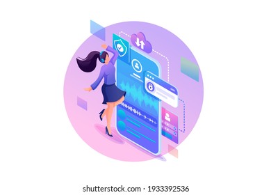 Isometry Web Design Template. Girl Listens to Music On Her Favorite Playlist. Listen to Your Favorite Artist. Vector Illustration.
