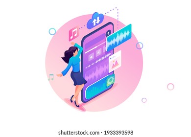 Isometry Web Design Template. Girl Dances Near a Smartphone With Her Favorite Music. Listen to Your Favorite Artist. Vector Illustration.