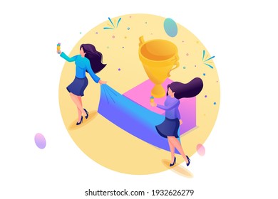 Plantilla de diseño Web Isometry. Ganadoras, chicas celebran el éxito, reciben un premio. Lograr un objetivo comercial. Ilustración vectorial.