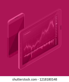 Isometry Web Development concept. Laptop virtual screens. Isometric Business strategy planning. Data investment Business success. Computer monitor infographic element. Design presentation landing page