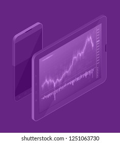 Isometry Web Development concept. Laptop virtual screens. Isometric Business strategy planning. Data investment Business success. Computer monitor infographic element. Design presentation landing page